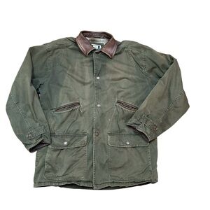 Vintage chore barn coat canvas flannel lined men’s size medium leather collar